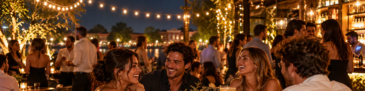 Illustrative patio gathering under string lights