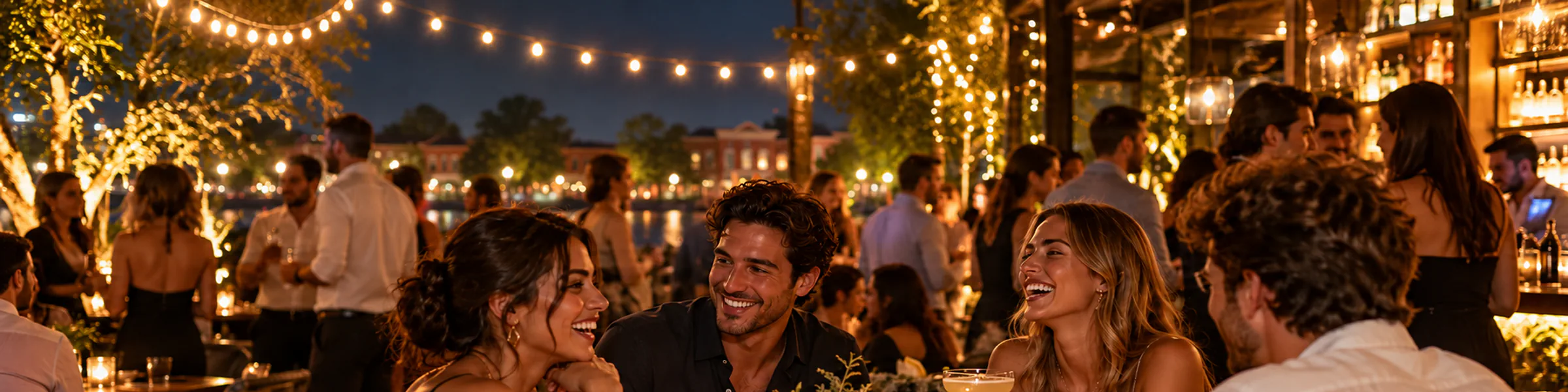 Illustrative patio bar under string lights