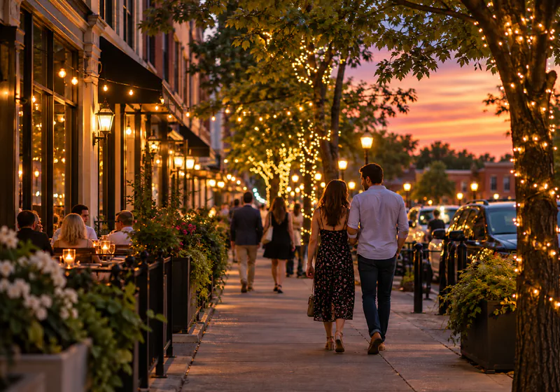 Illustrative downtown evening under string lights