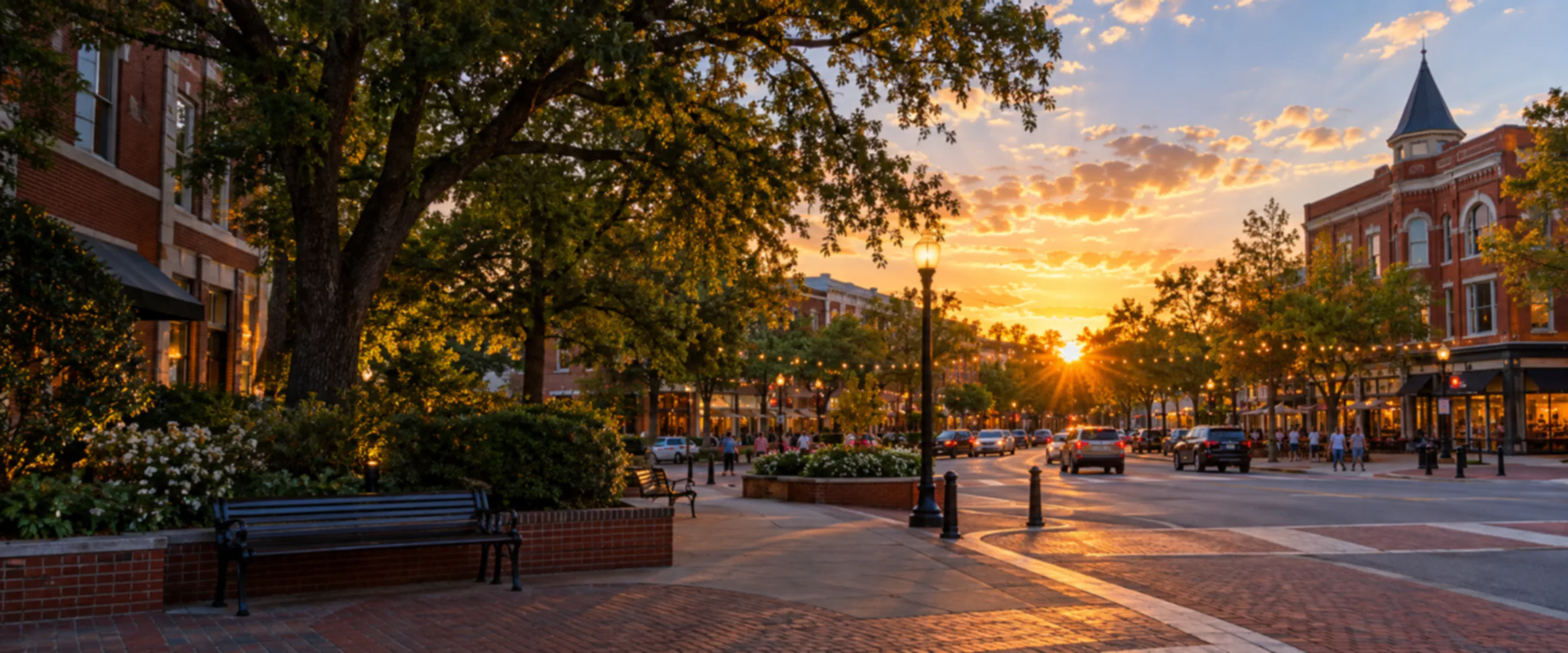 Conceptual downtown Auburn scene at sunset